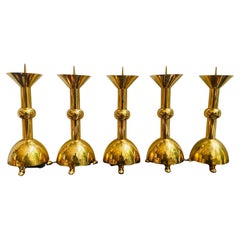 Set of Five 1950s German Brutalist Gold Chromed Metal Church Candleholders