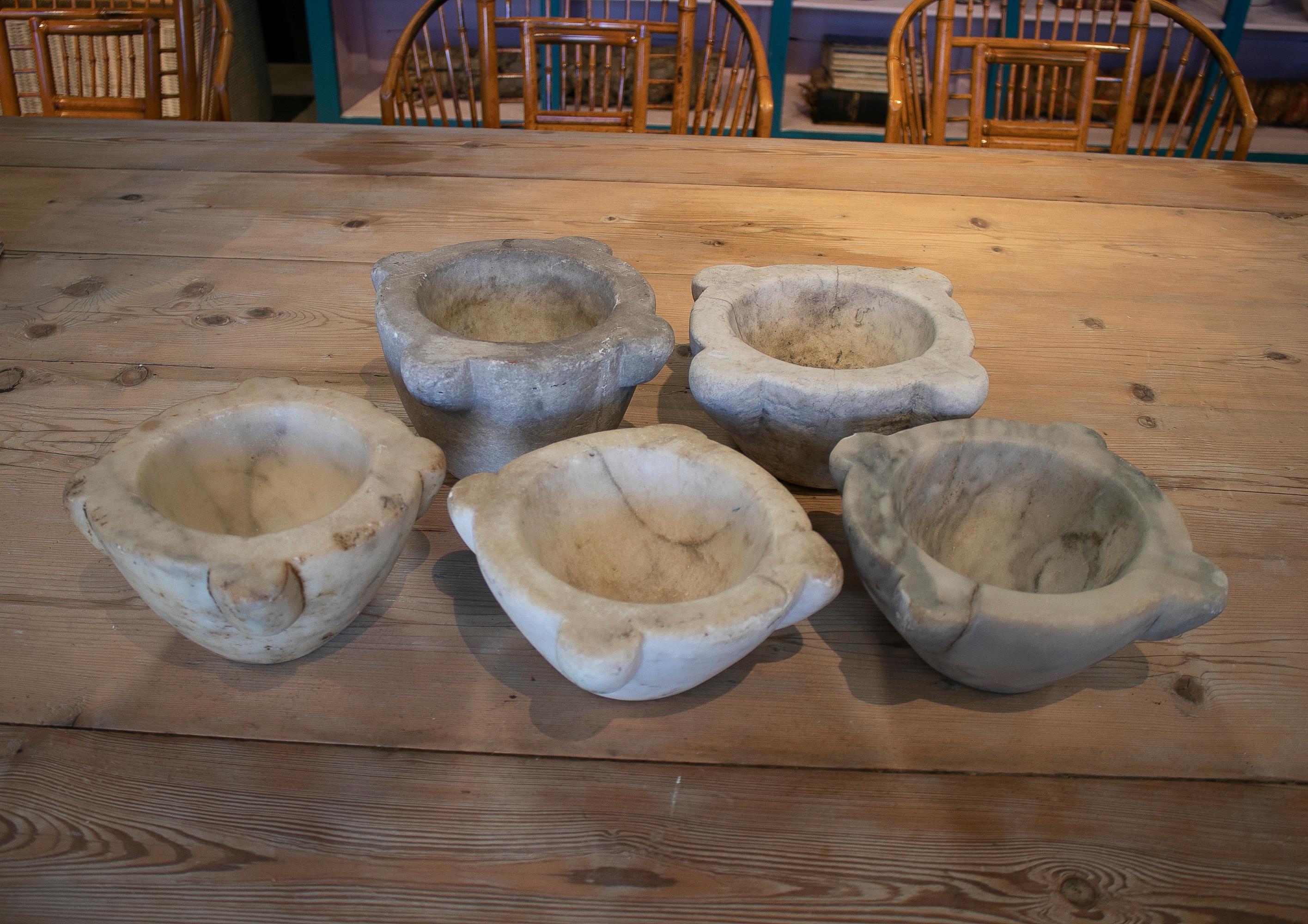 Set of Five 1950s Spanish Hand Carved Marble Kitchen Mortars In Good Condition For Sale In Marbella, ES
