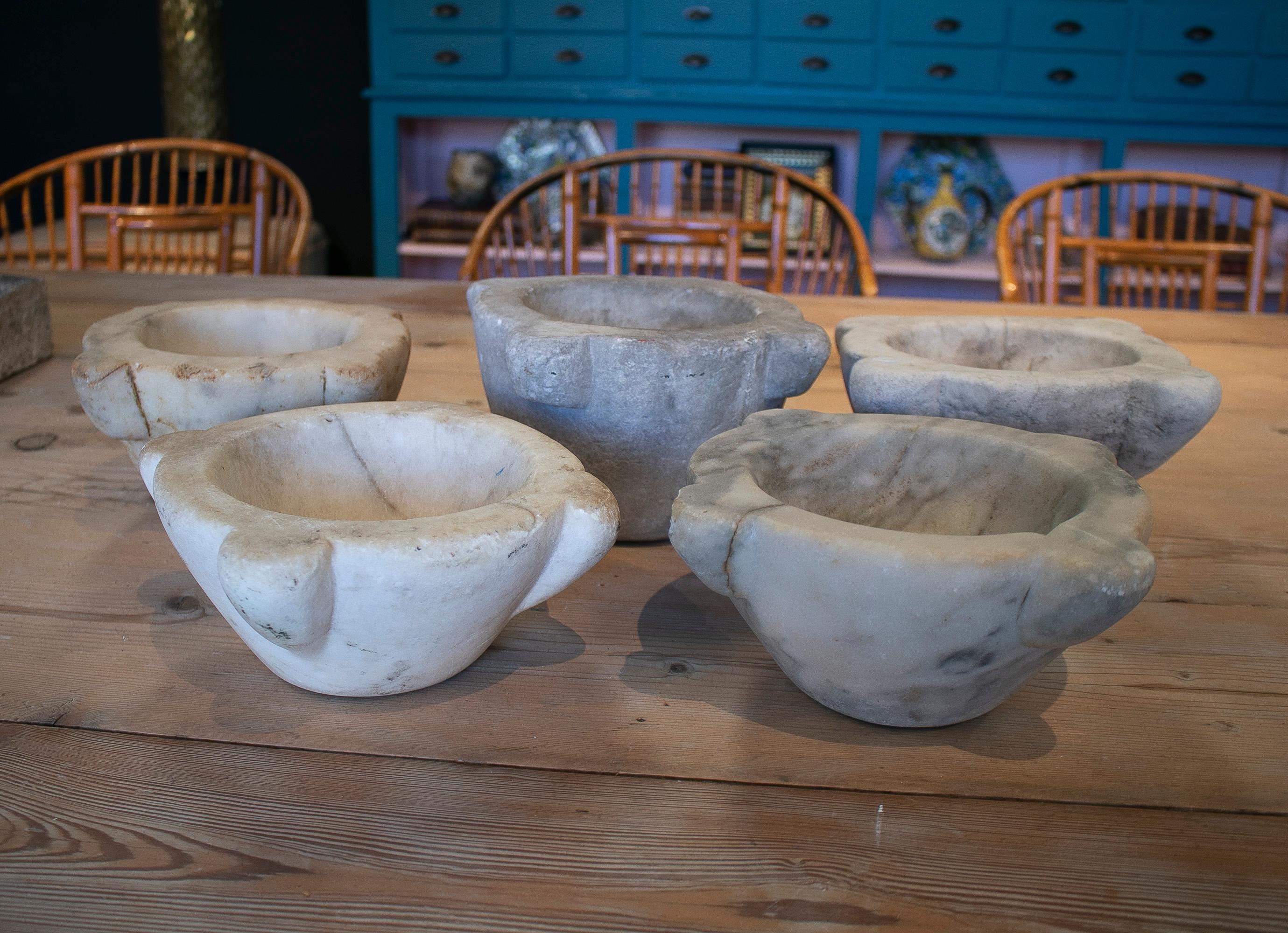 20th Century Set of Five 1950s Spanish Hand Carved Marble Kitchen Mortars For Sale