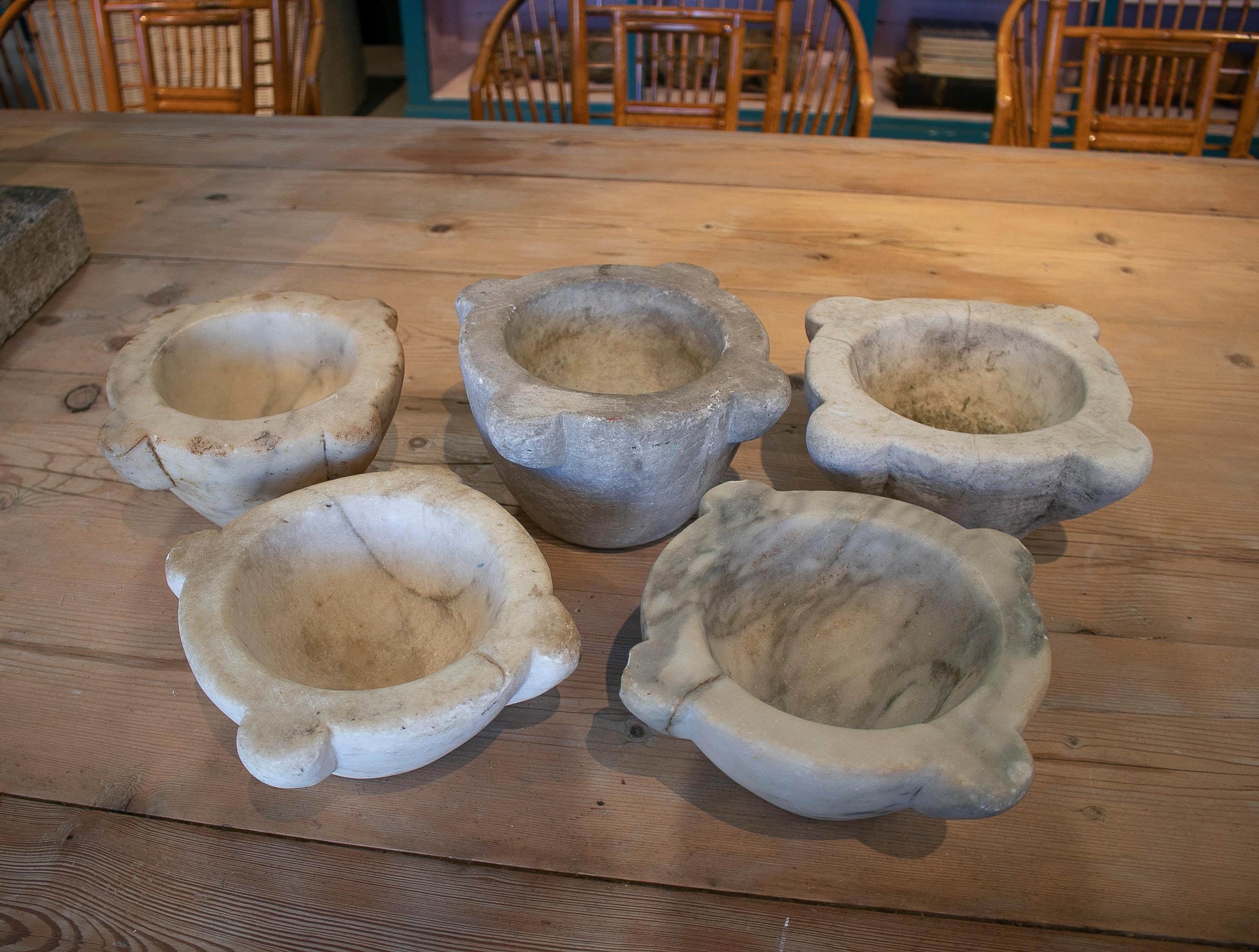 Set of Five 1950s Spanish Hand Carved Marble Kitchen Mortars For Sale 1