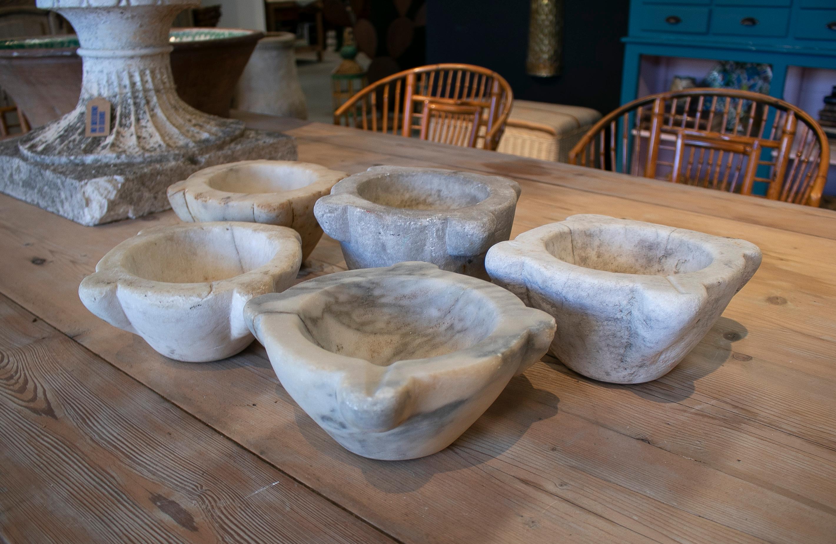 Set of Five 1950s Spanish Hand Carved Marble Kitchen Mortars For Sale 2