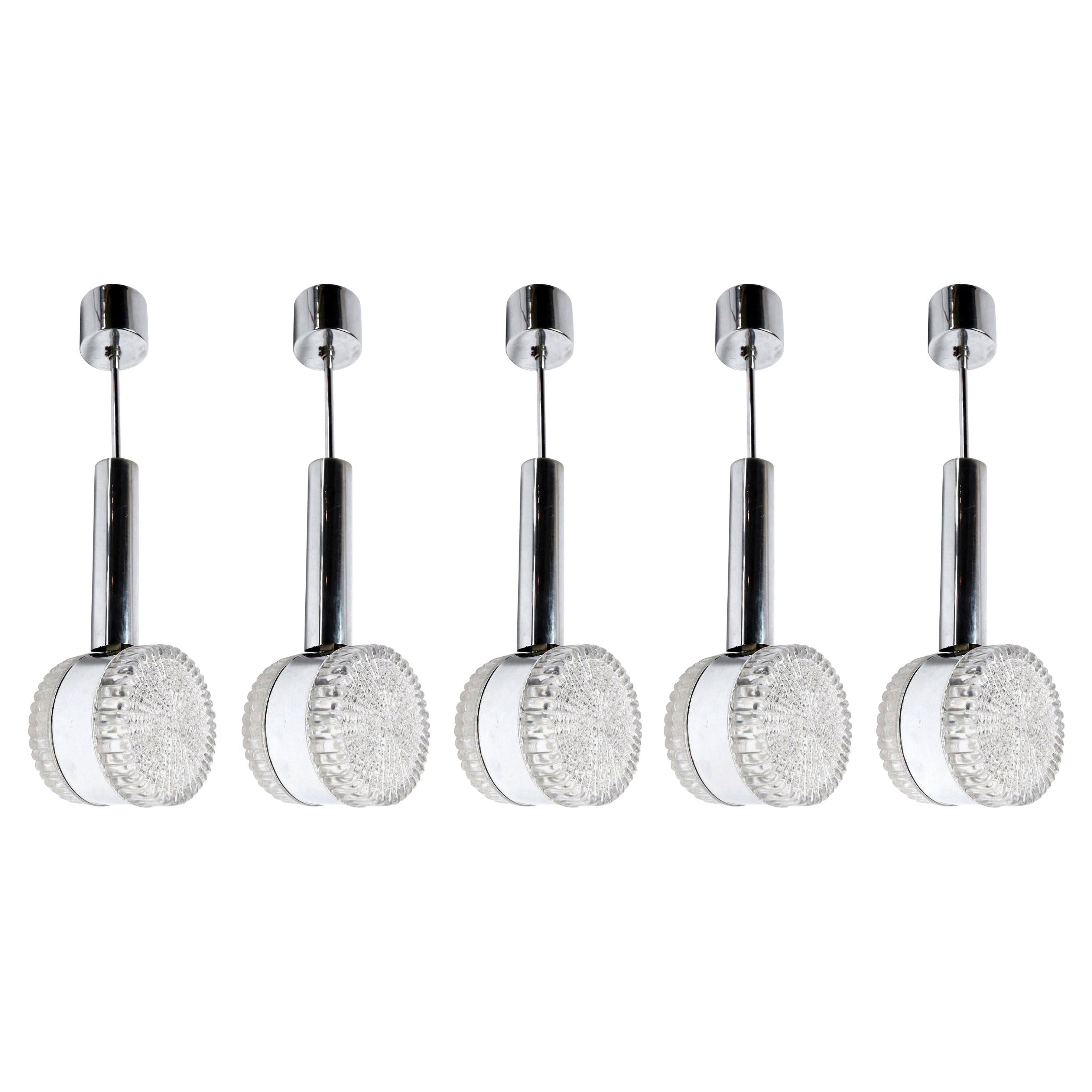Set of Five 1960s Chrome and Glass Ceiling Pendant Chandeliers For Sale