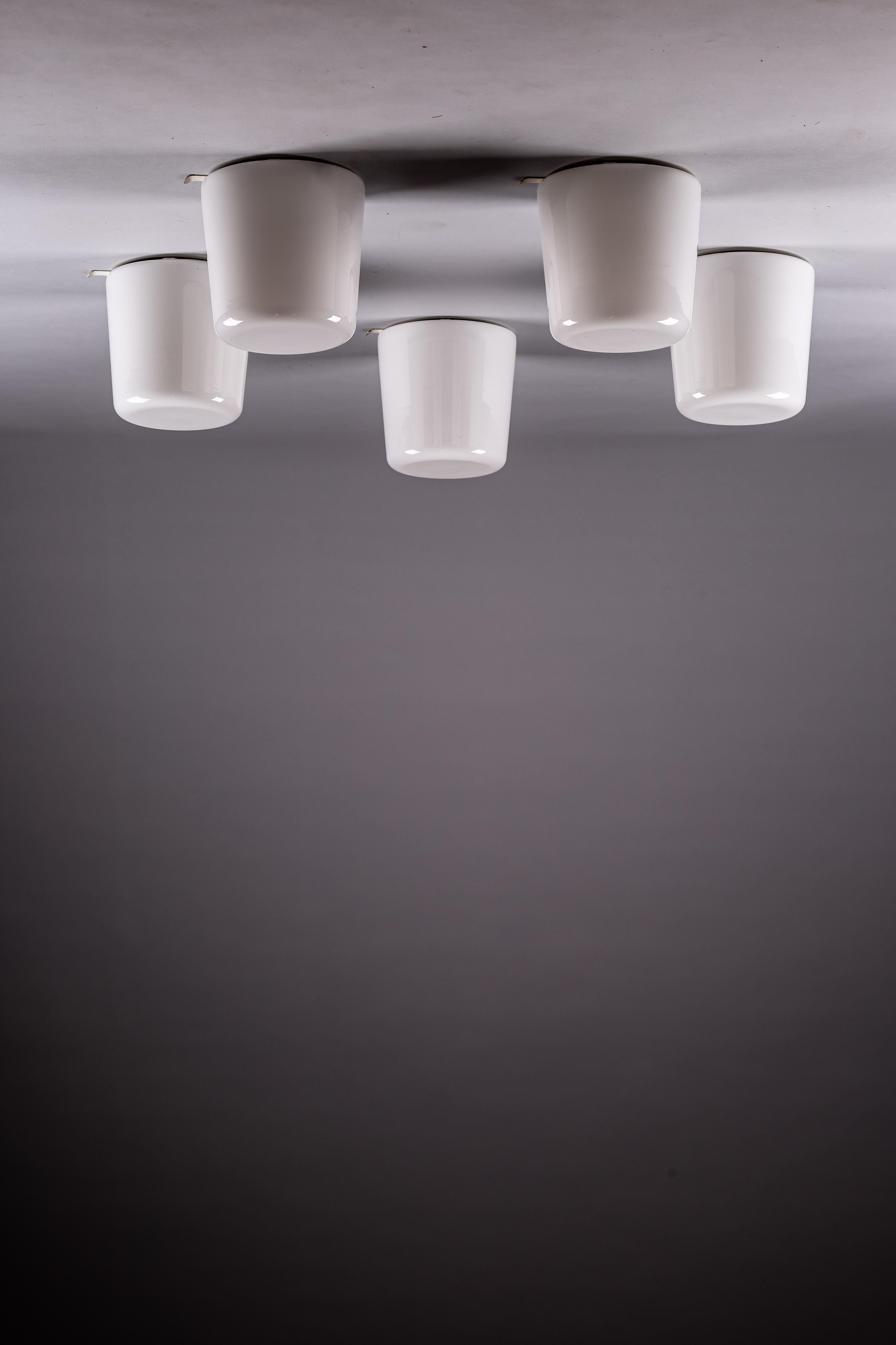 Set of five 1960's opaline glass flush mounts from Itsu, Finland In Good Condition In Turku, Varsinais-Suomi
