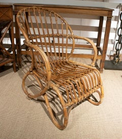 Set of Five 1970s Spanish Woven Wicker & Bamboo Armchairs