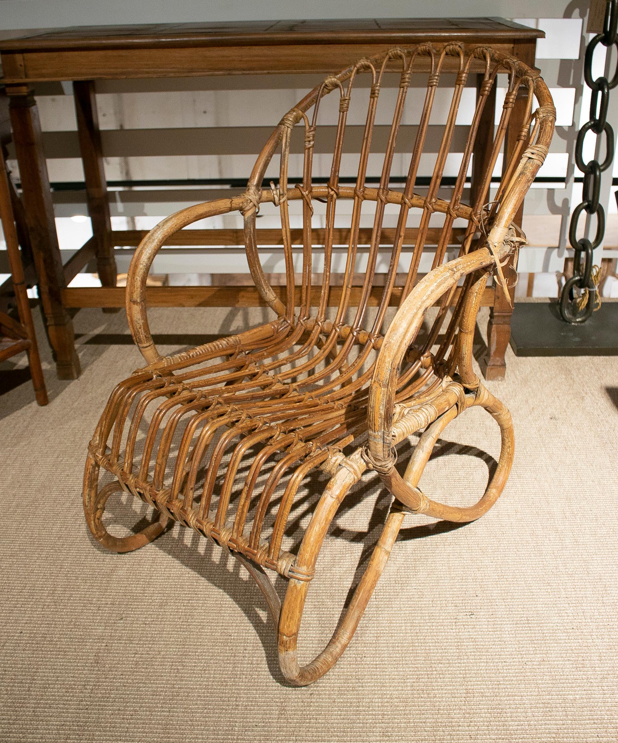 Late 20th Century Set of Five 1970s Spanish Woven Wicker & Bamboo Armchairs For Sale