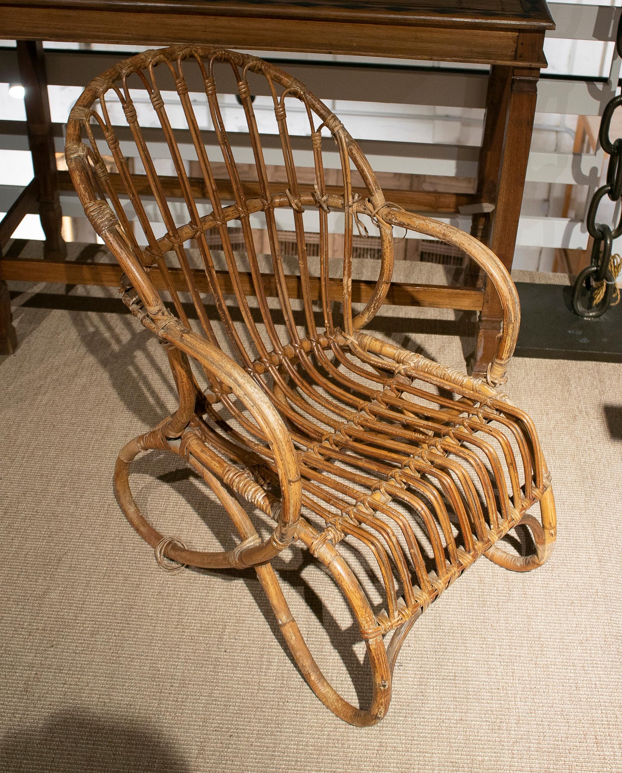 Set of Five 1970s Spanish Woven Wicker & Bamboo Armchairs For Sale 4