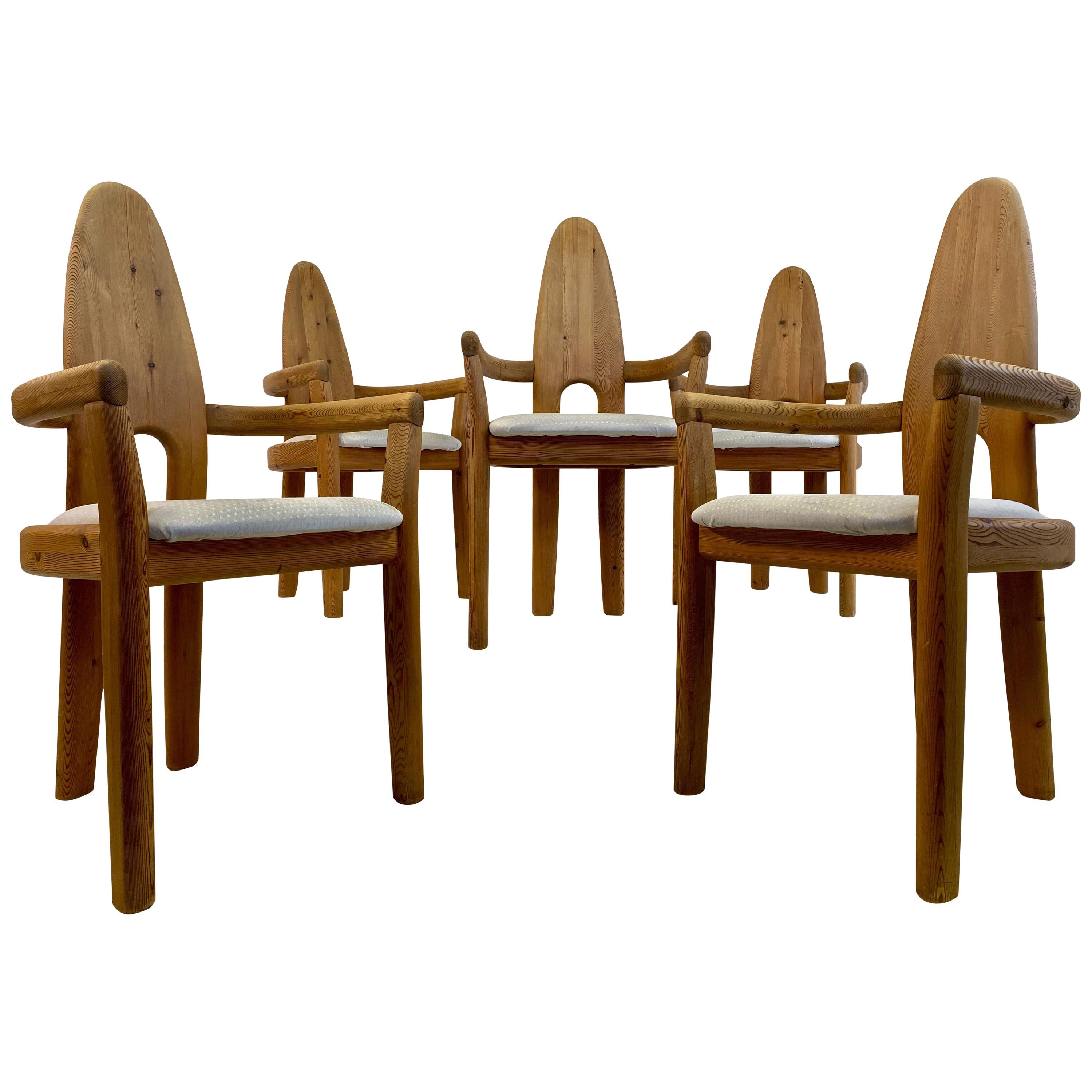 Set of Five 1970s Swedish Solid Pine Dining Chairs