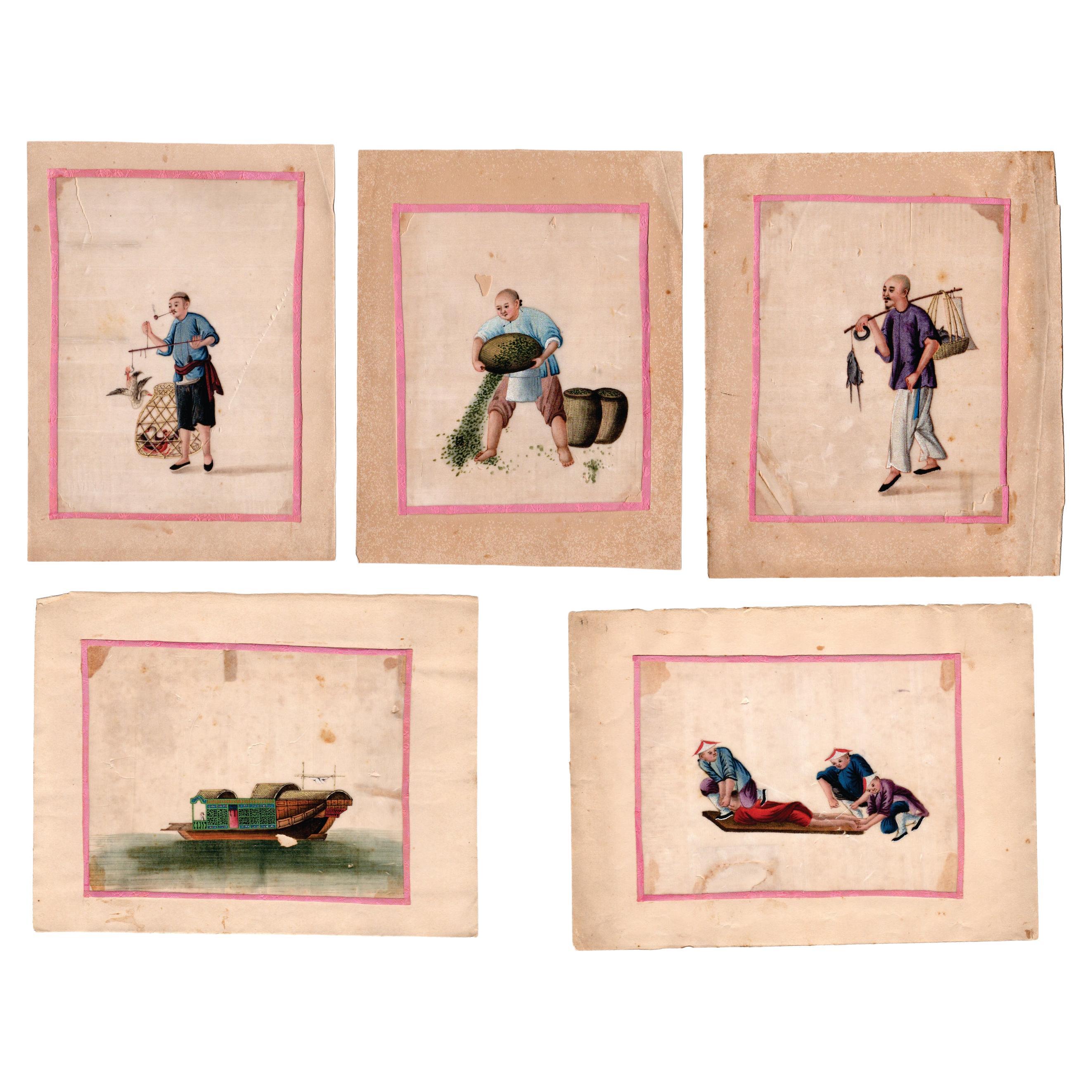 Set of Five 19th Century Chinese Export Pith Paintings For Sale