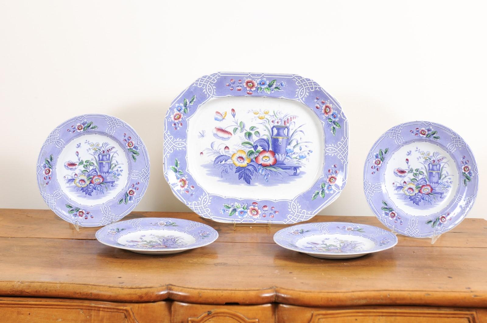 Set of Five 19th Century English Rare Floral Pattern Ironstone Dishes For Sale 6