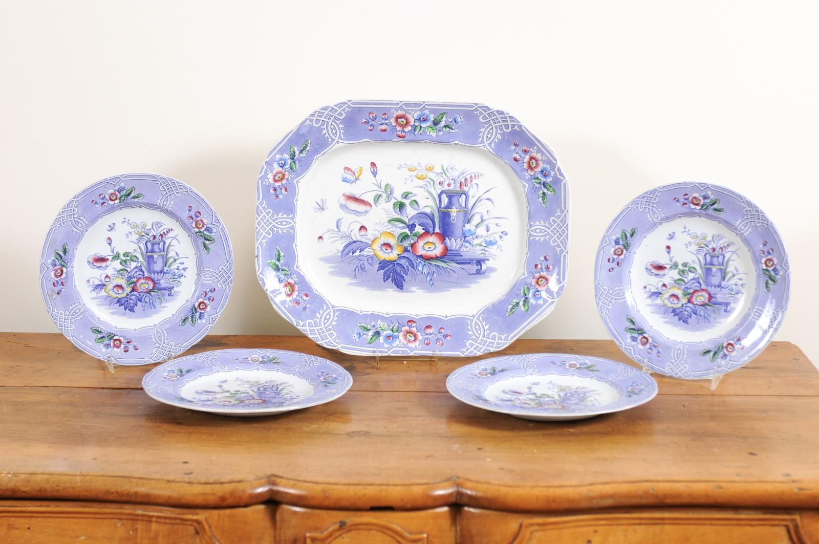 Set of Five 19th Century English Rare Floral Pattern Ironstone Dishes For Sale 7