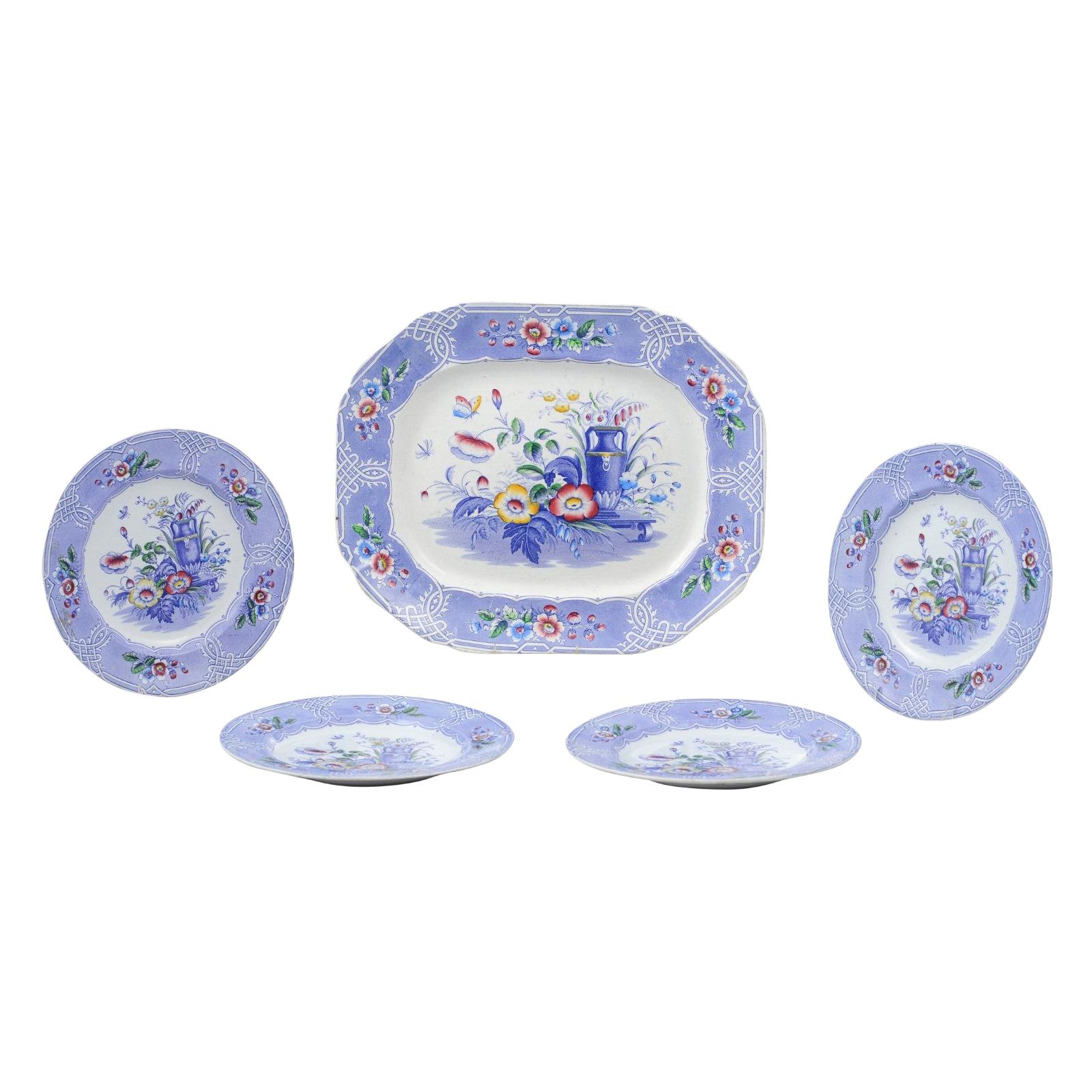 Set of Five 19th Century English Rare Floral Pattern Ironstone Dishes For Sale