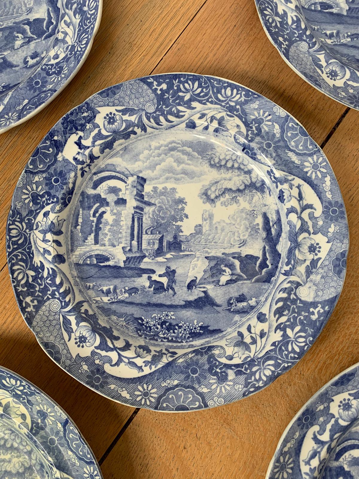 Set of Five 19th Century English Blue and White Copeland Spode Porcelain Plates For Sale 7