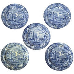 Antique Set of Five 19th Century English Blue and White Copeland Spode Porcelain Plates