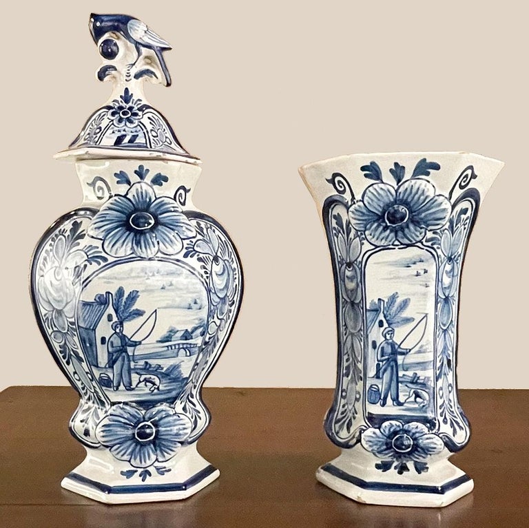 Set of Five 18th Century Hand Painted Delft Vases Including 3 Lidded Urns For Sale at 1stDibs