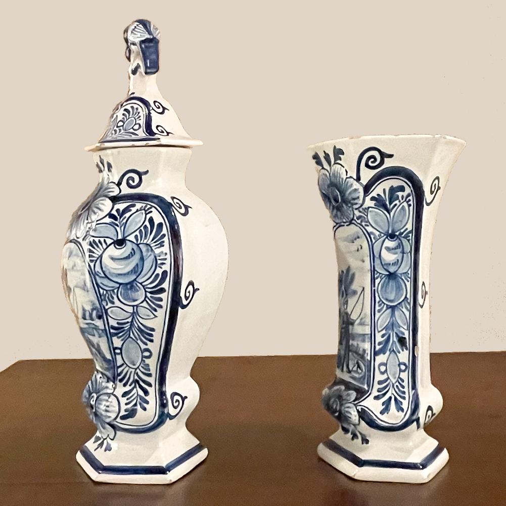 Set of Five 18th Century Hand Painted Delft Vases Including 3 Lidded Urns For Sale 4
