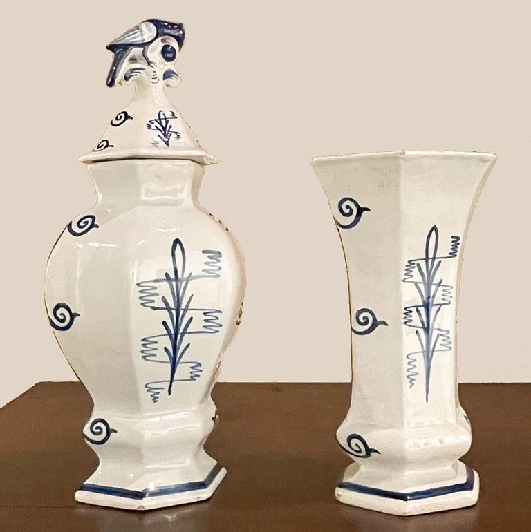 Set of Five 18th Century Hand Painted Delft Vases Including 3 Lidded Urns For Sale at 1stDibs