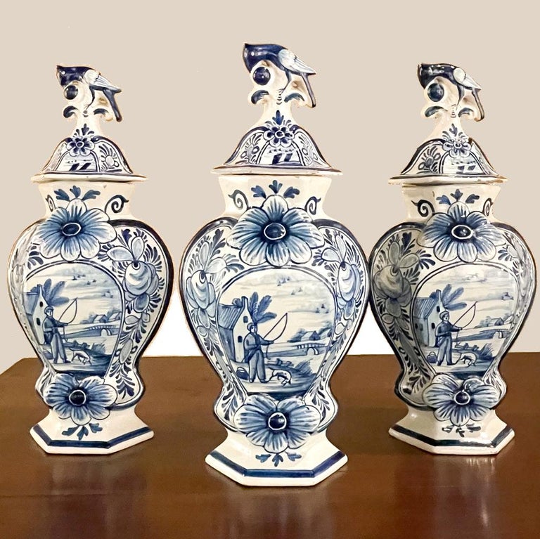 Set of Five 18th Century Hand Painted Delft Vases Including 3 Lidded Urns For Sale at 1stDibs