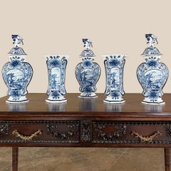 Set of Five 18th Century Hand Painted Delft Vases Including 3 Lidded Urns