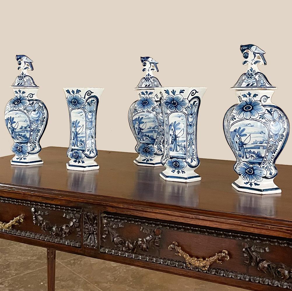 Dutch Colonial Set of Five 18th Century Hand Painted Delft Vases Including 3 Lidded Urns For Sale