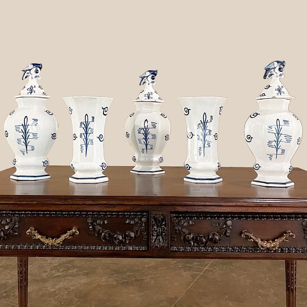 Dutch Set of Five 18th Century Hand Painted Delft Vases Including 3 Lidded Urns For Sale