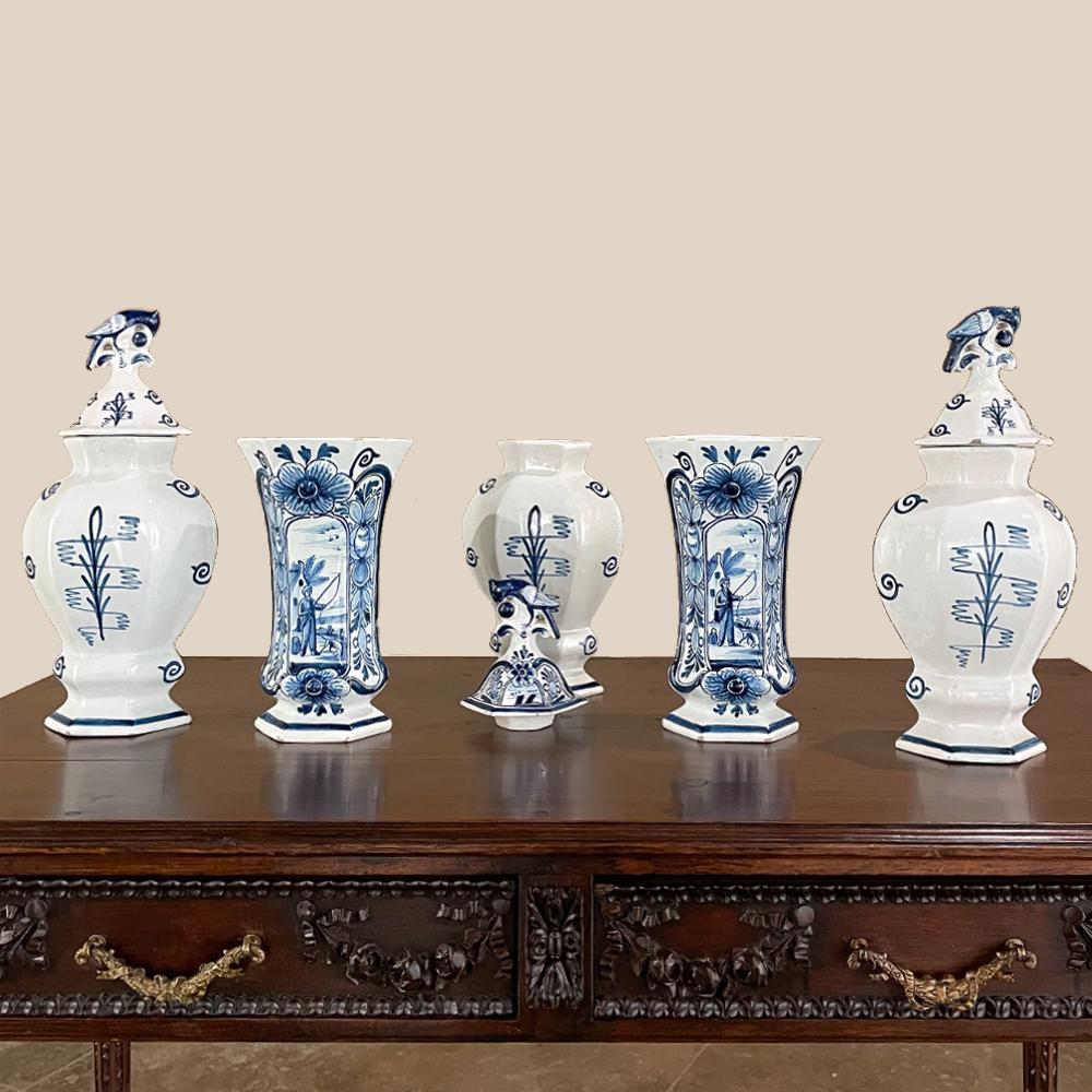 Hand-Painted Set of Five 18th Century Hand Painted Delft Vases Including 3 Lidded Urns For Sale