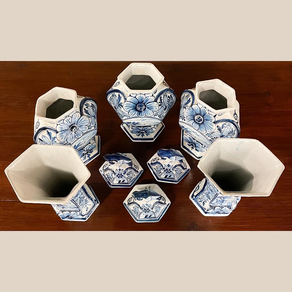 Set of Five 18th Century Hand Painted Delft Vases Including 3 Lidded Urns In Good Condition For Sale In Dallas, TX