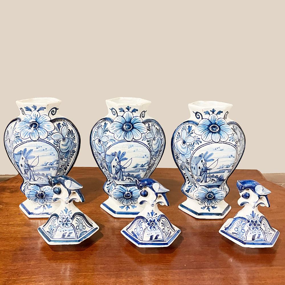 Set of Five 18th Century Hand Painted Delft Vases Including 3 Lidded Urns For Sale 1