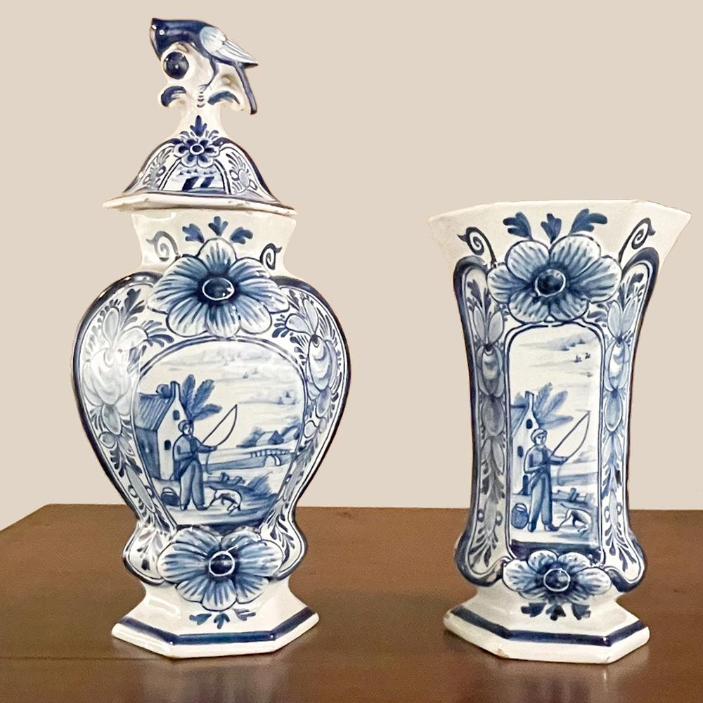 Set of Five 18th Century Hand Painted Delft Vases Including 3 Lidded Urns For Sale 2