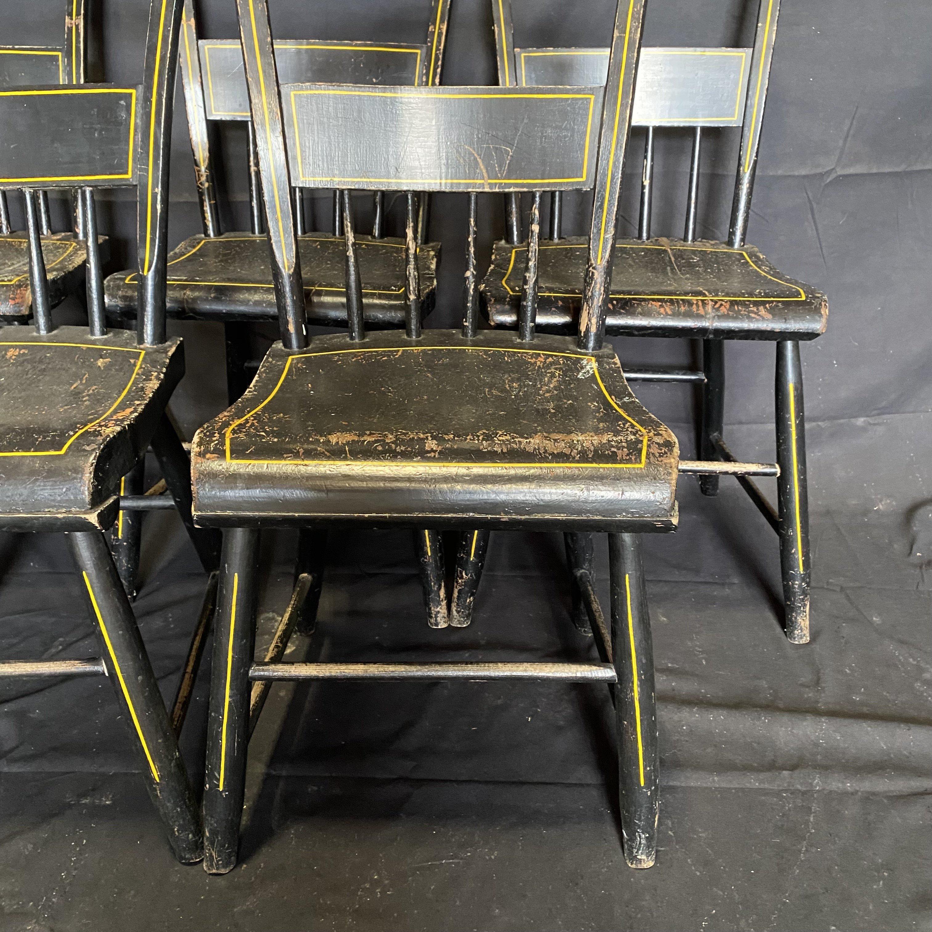 Set of Five 19th Century Plank Seated Dining Chairs with Original Black Paint For Sale 4