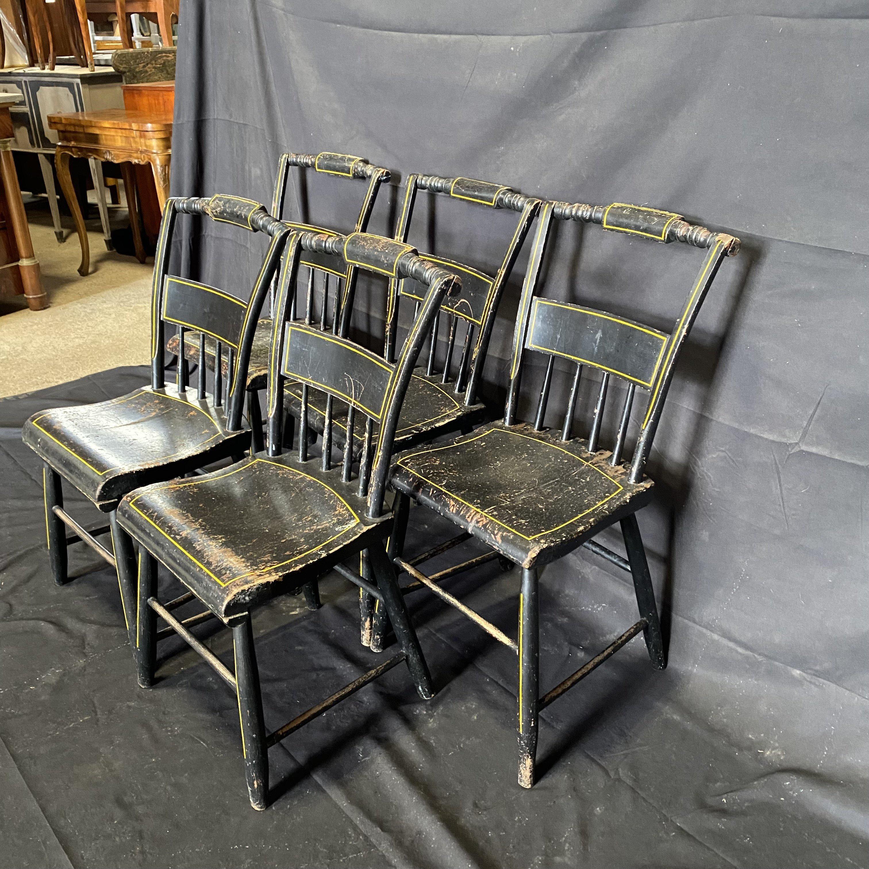 Set of Five 19th Century Plank Seated Dining Chairs with Original Black Paint For Sale 6