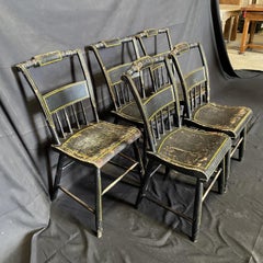 Set of Five 19th Century Plank Seated Dining Chairs with Original Black Paint