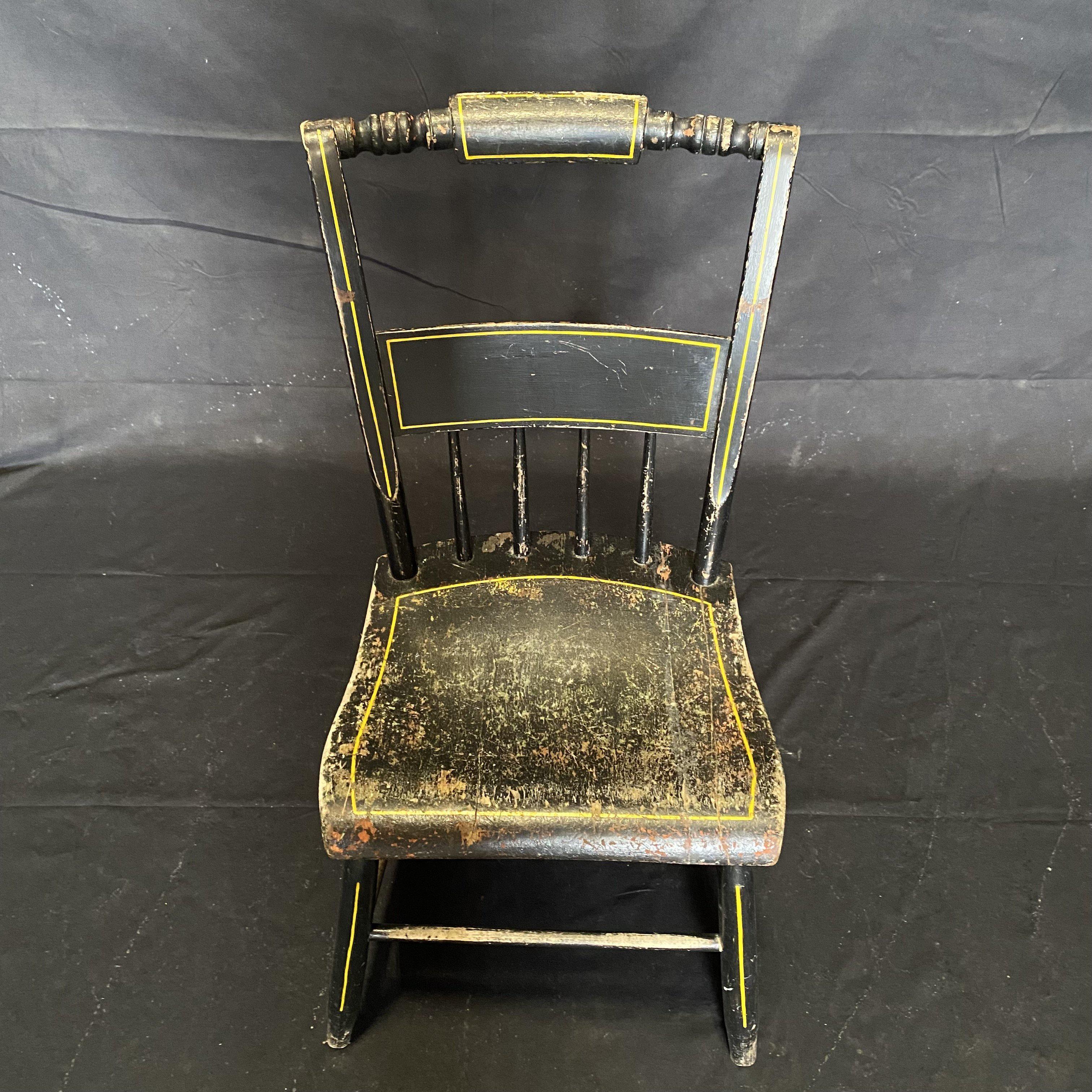 American Set of Five 19th Century Plank Seated Dining Chairs with Original Black Paint For Sale