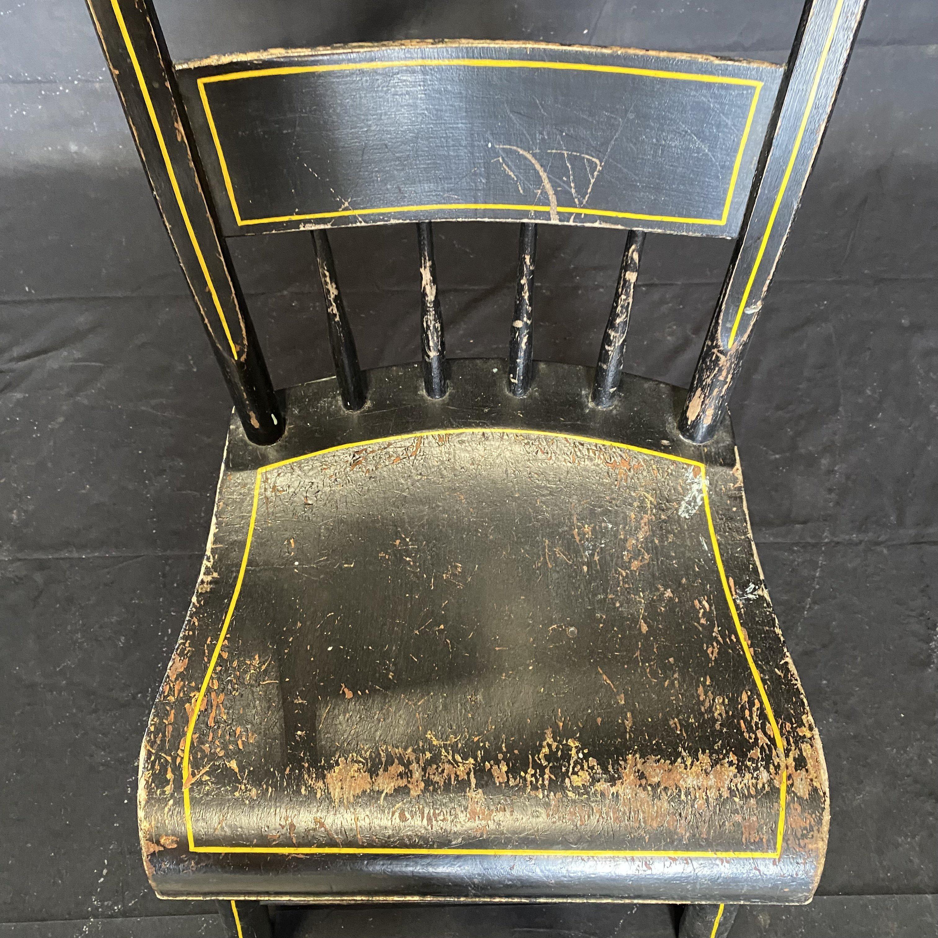 Set of Five 19th Century Plank Seated Dining Chairs with Original Black Paint In Distressed Condition For Sale In Hopewell, NJ