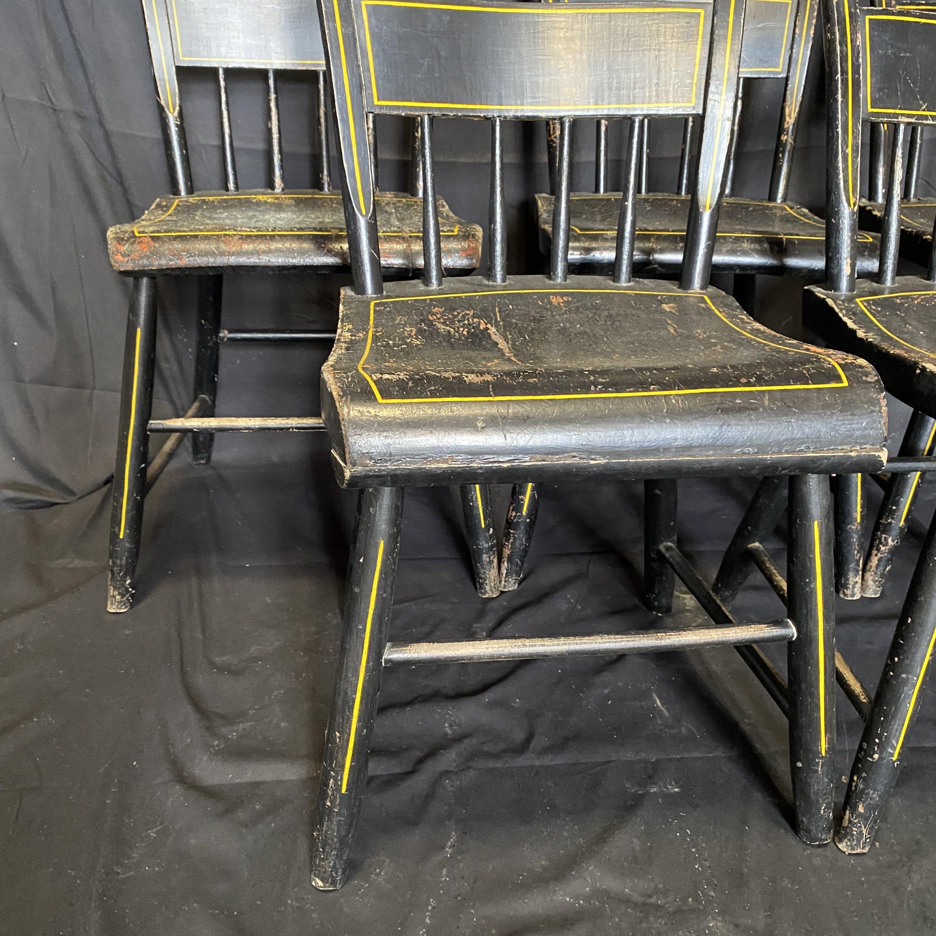Mid-19th Century Set of Five 19th Century Plank Seated Dining Chairs with Original Black Paint For Sale