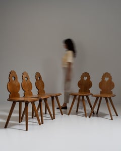 Set of Five 20th Century French Amber Oak Tyrolean Chairs