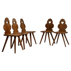 Set of Five 20th Century French Amber Oak Tyrolean Chairs