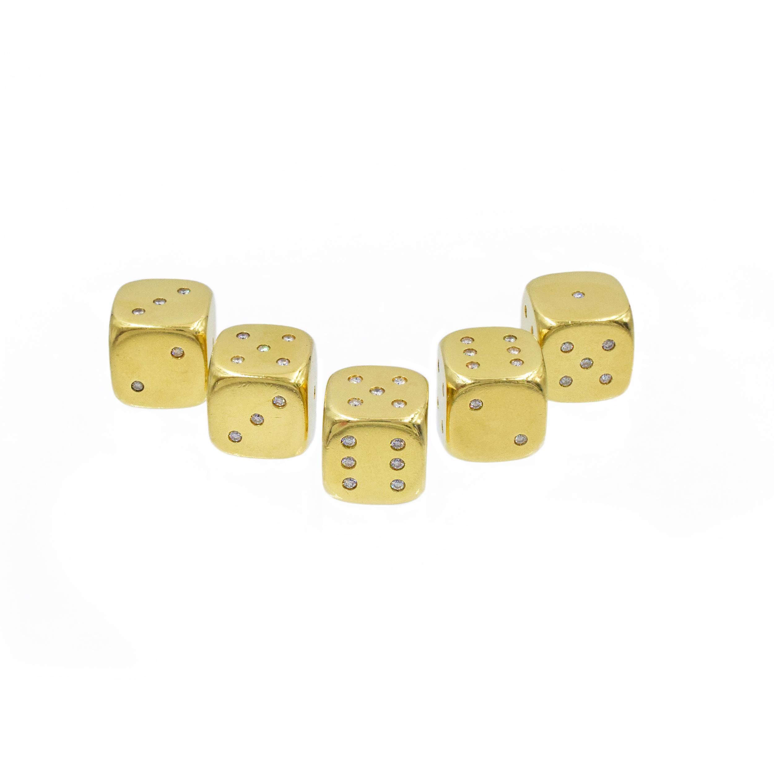 Round Cut Set of Five 22k Yellow Gold and Diamond Dice