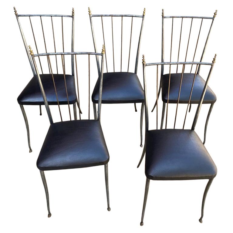 Set of Five '5' Paris, France Cafe Steel Chairs with Ostrich Leather Seats For Sale