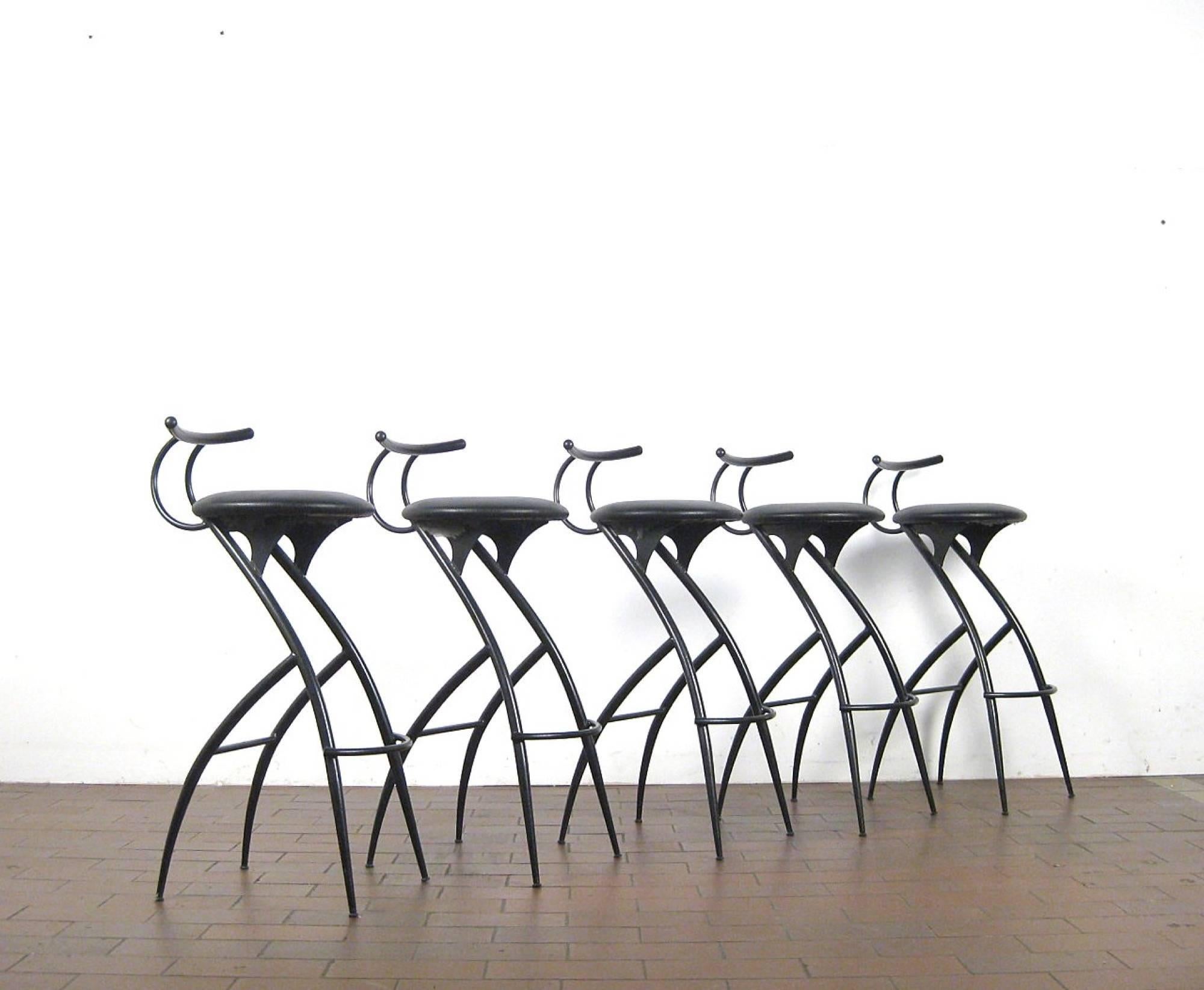 Set of five (5) 1980s Italian Postmodern barstools in black lacquered metal and seats in black faux leather.