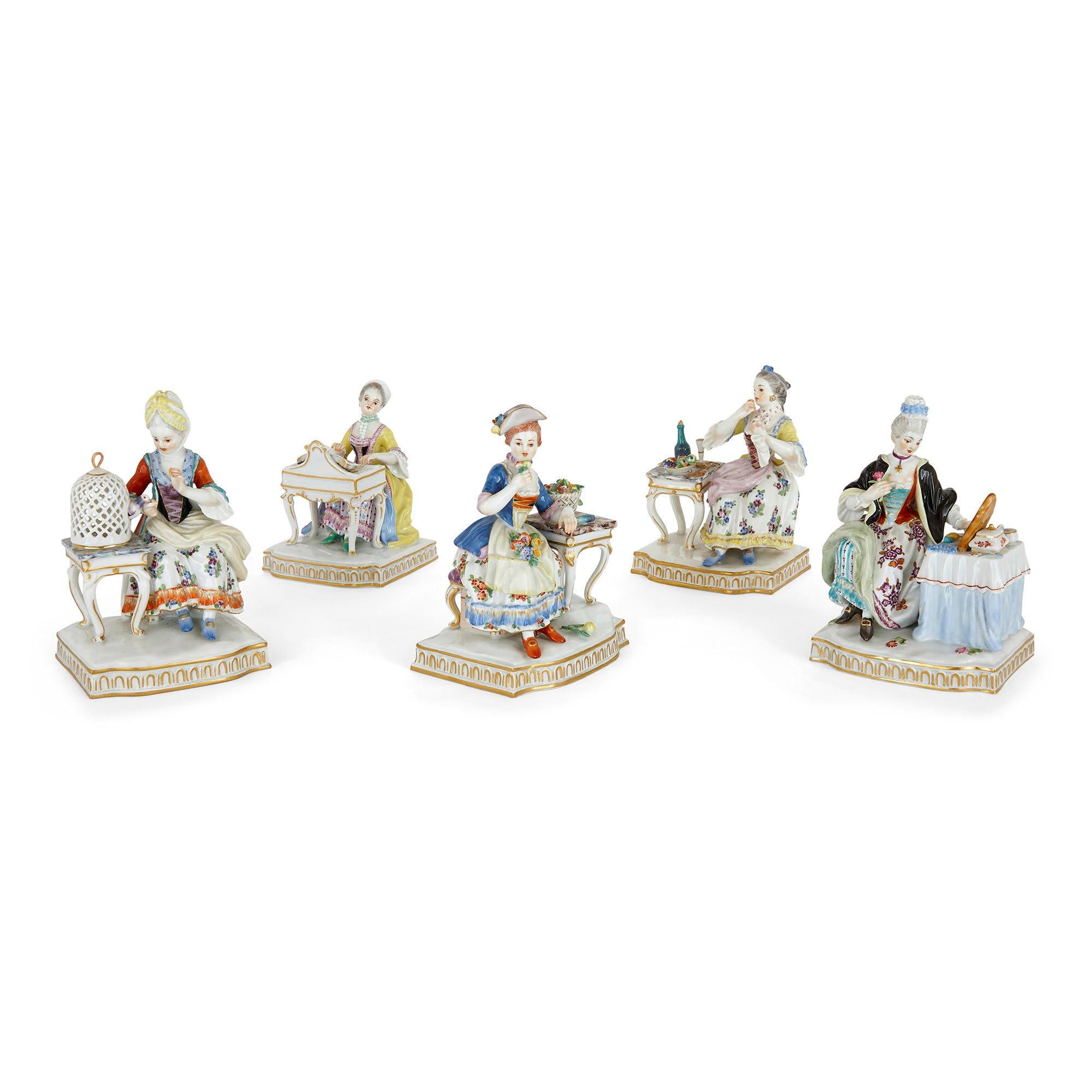Set of five allegorical porcelain sculptures by Meissen
German, c. 1975
Measures: Height 15cm, width 10cm, depth 8.5cm

The five figures in this set are allegorical of the senses: the woman portrayed in each piece enacts one of the five senses: