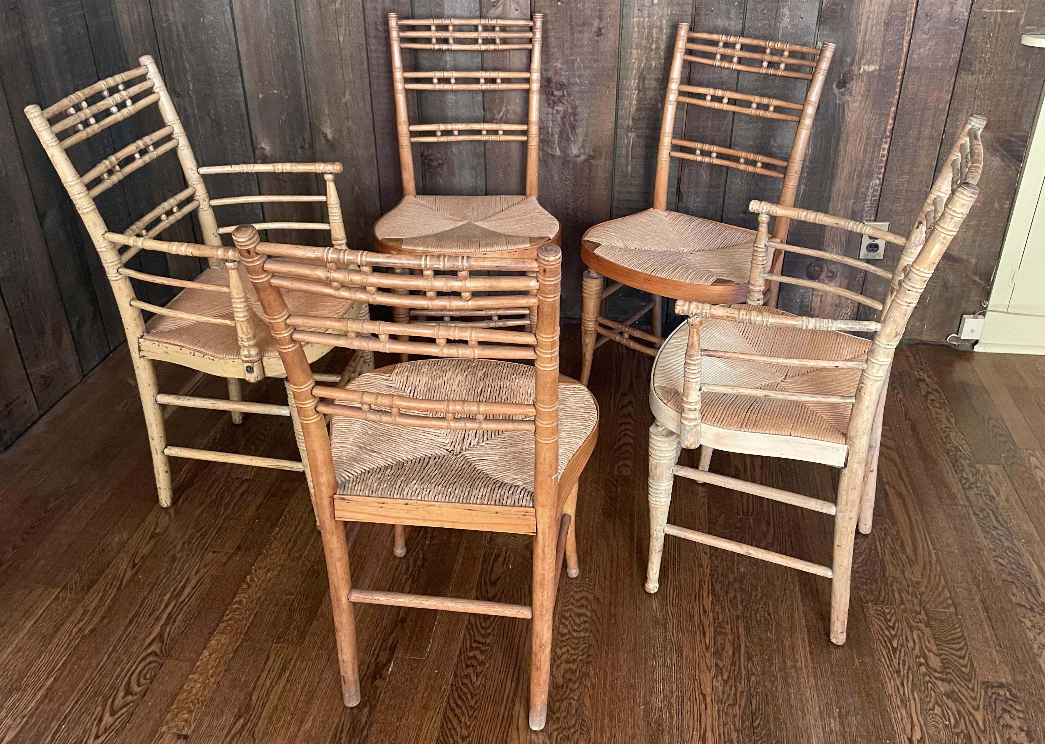 Set of Five American Turned Wood Rush Chairs For Sale 5