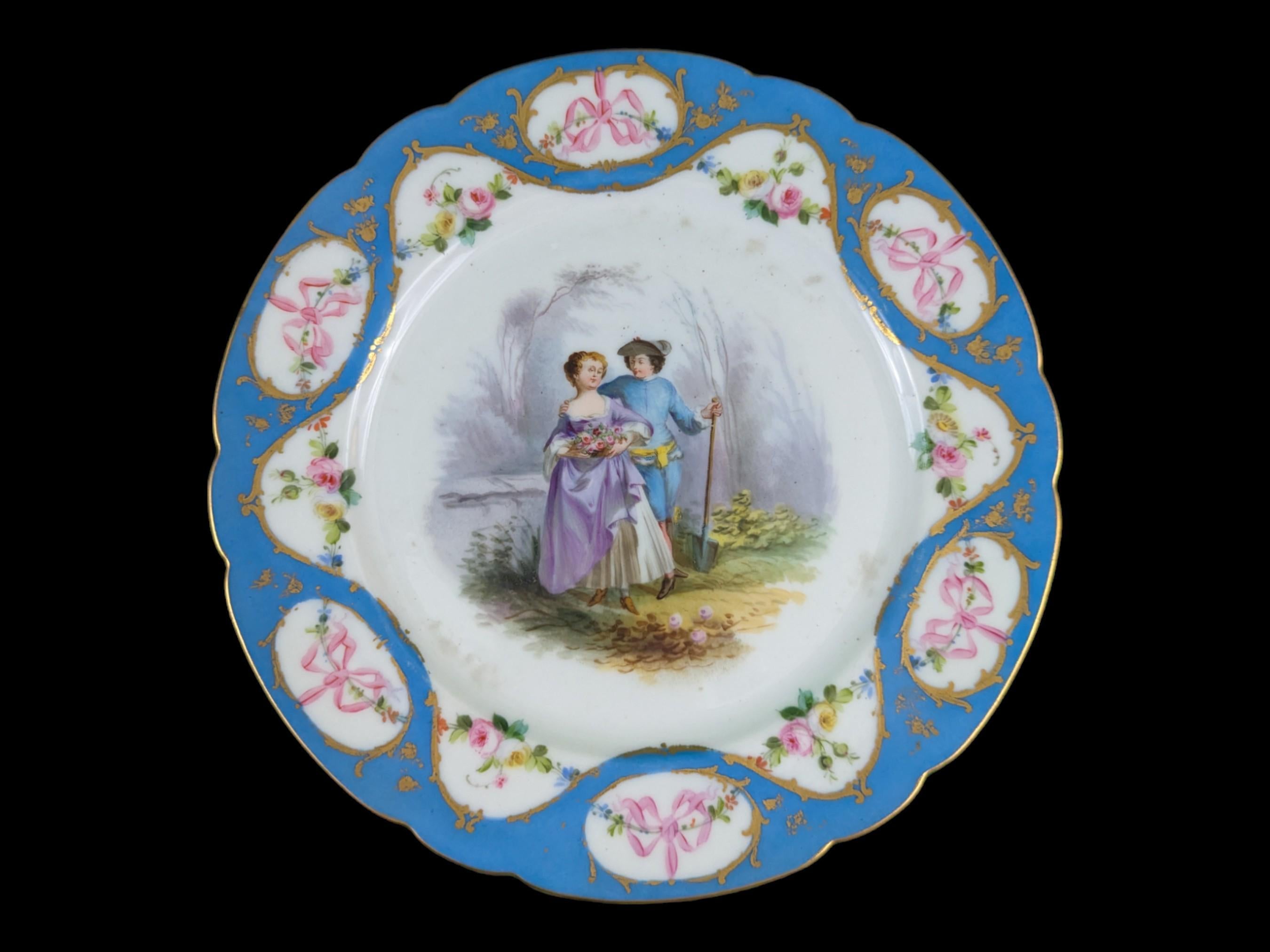 **Description:**  
This exquisite set of five hand-painted porcelain plates beautifully embodies the elegance and charm of 19th-century European craftsmanship. Inspired by the iconic Sèvres porcelain factory, these plates feature vibrant romantic