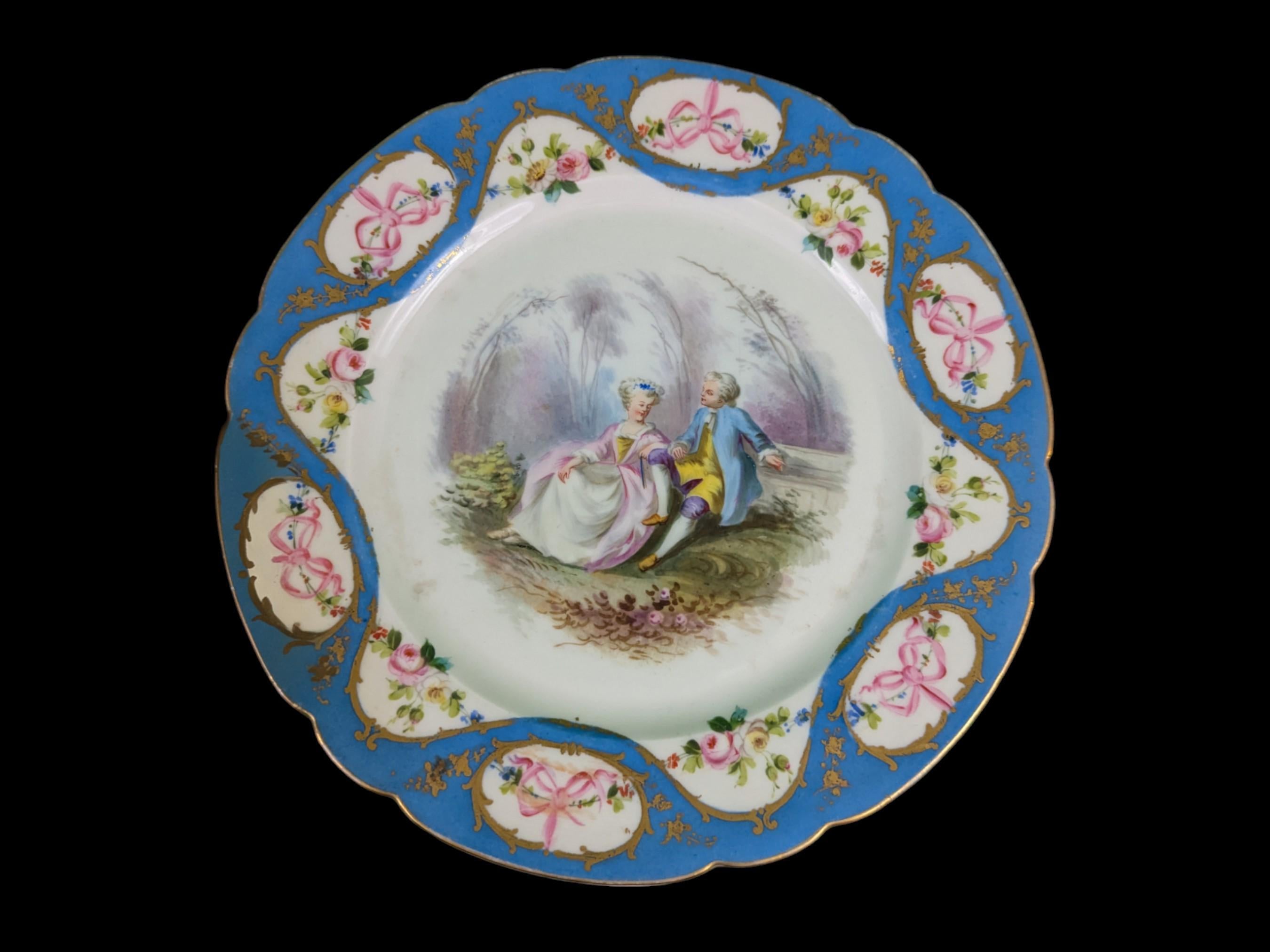 Rococo Set Of Five Antique 19th Century French Sevres Style Celestia Blue Floral Plates For Sale