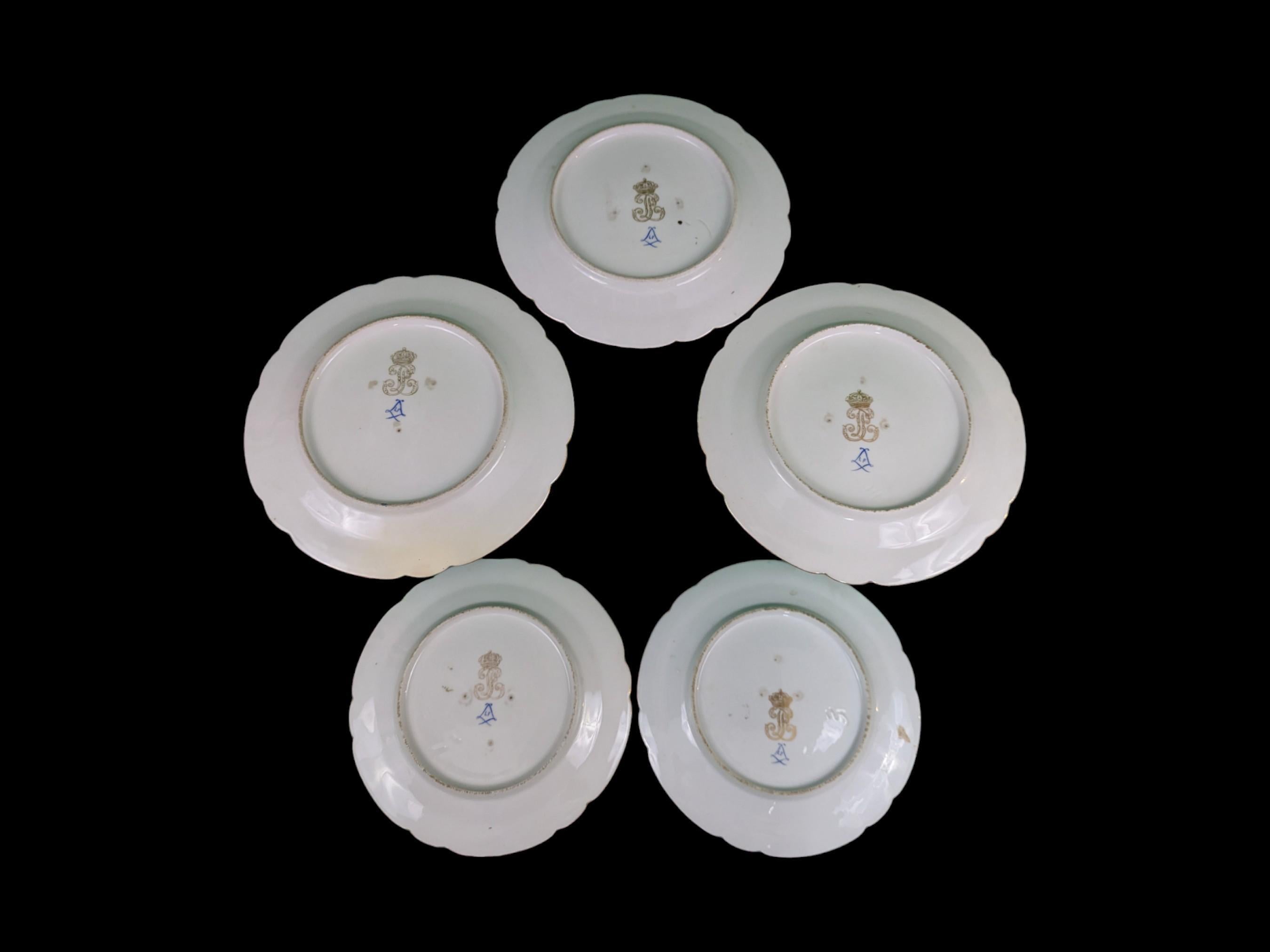 Hand-Crafted Set Of Five Antique 19th Century French Sevres Style Celestia Blue Floral Plates For Sale
