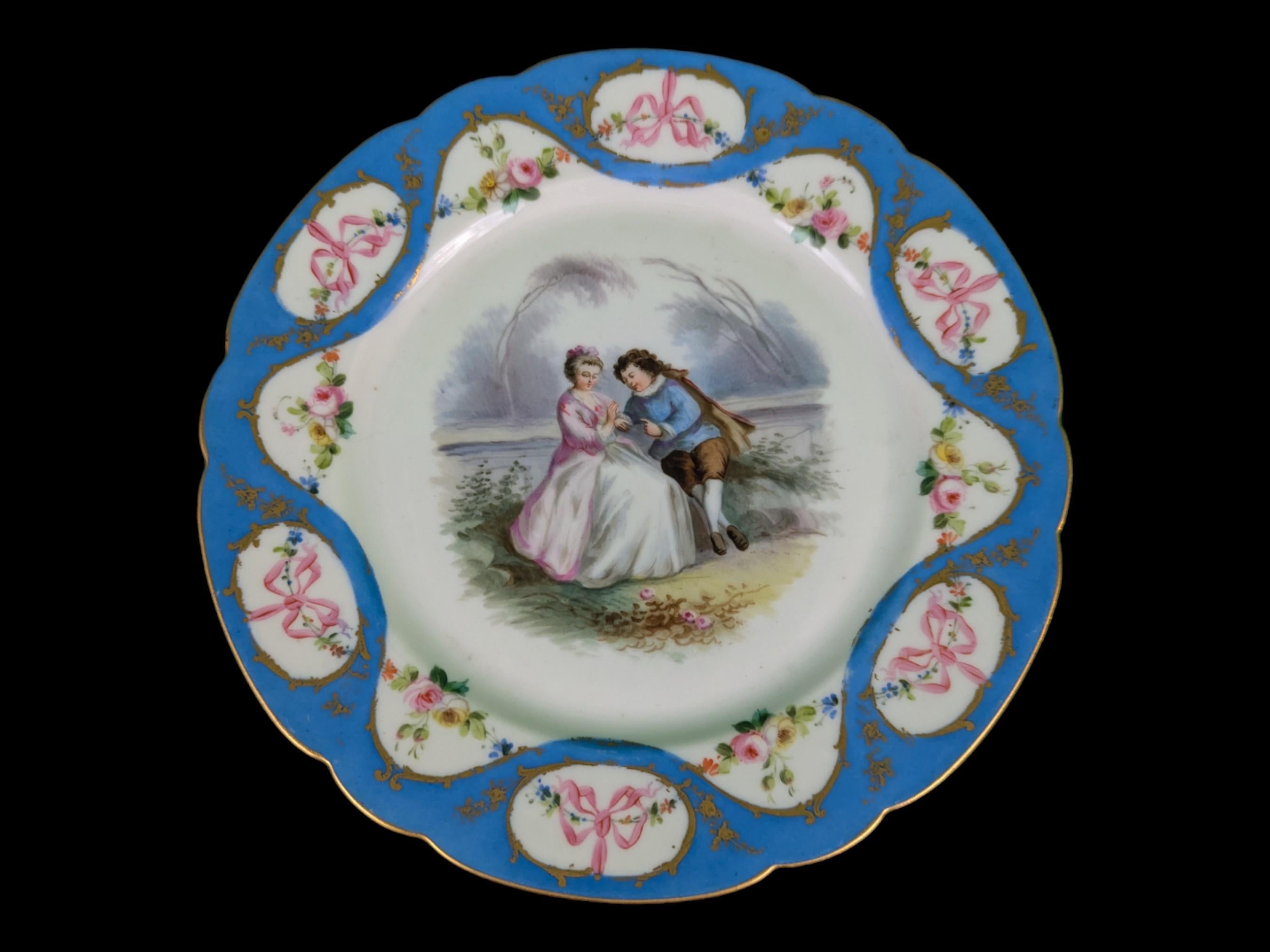 Late 19th Century Set Of Five Antique 19th Century French Sevres Style Celestia Blue Floral Plates For Sale