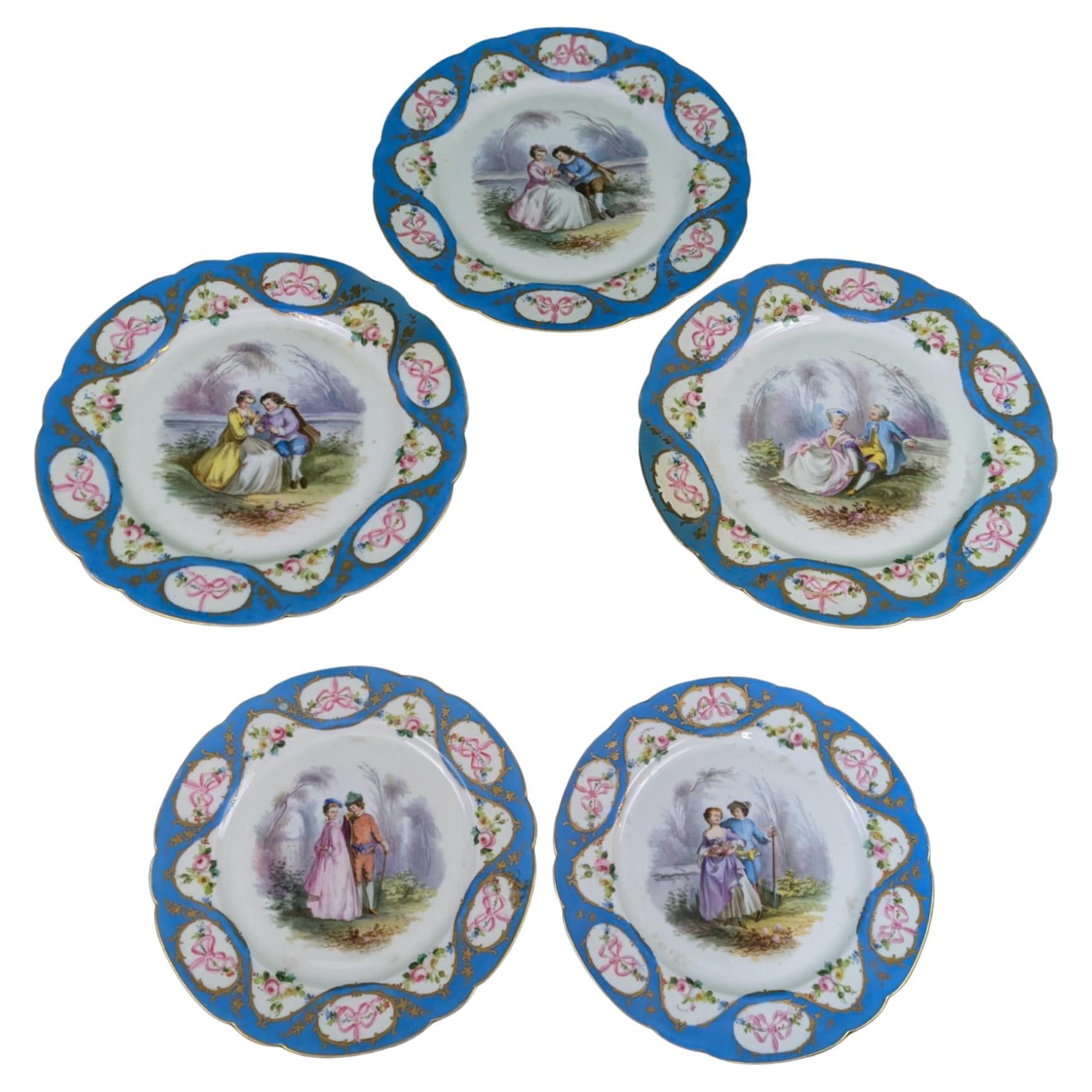 Juego De Cinco Platos Florales Azules Celestia Estilo Sevres Francés Antiguo Siglo XIX