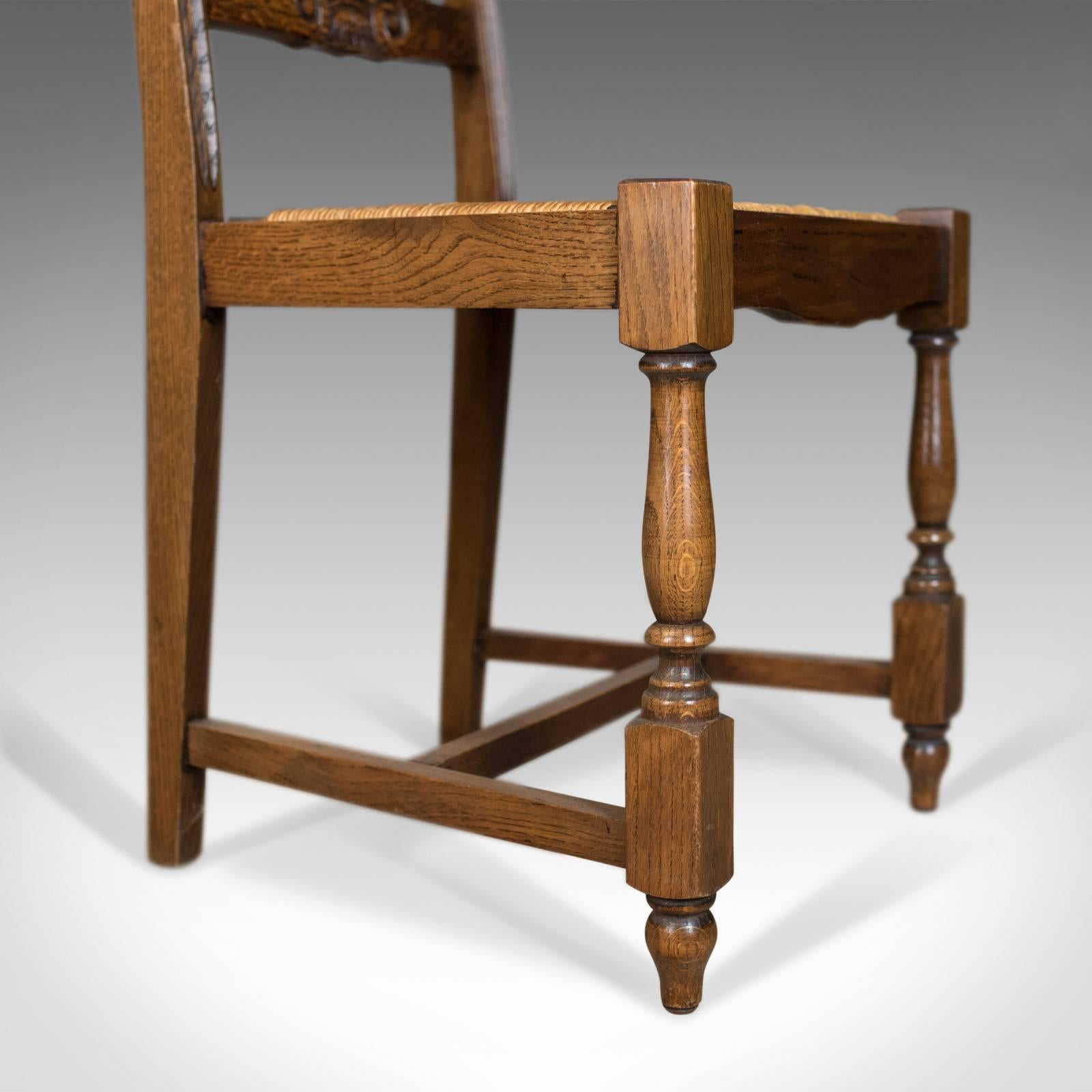 Set of Five Antique Dining Chairs, Flemish Country Kitchen Oak, Rush, circa 1910 3
