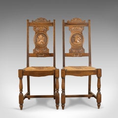 Set of Five Antique Dining Chairs, Flemish Country Kitchen Oak, Rush, circa 1910