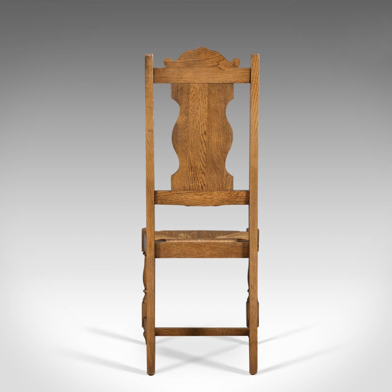 Edwardian Set of Five Antique Dining Chairs, Flemish Country Kitchen Oak, Rush, circa 1910