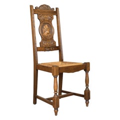 Set of Five Antique Dining Chairs, Flemish Country Kitchen Oak, Rush, circa 1910